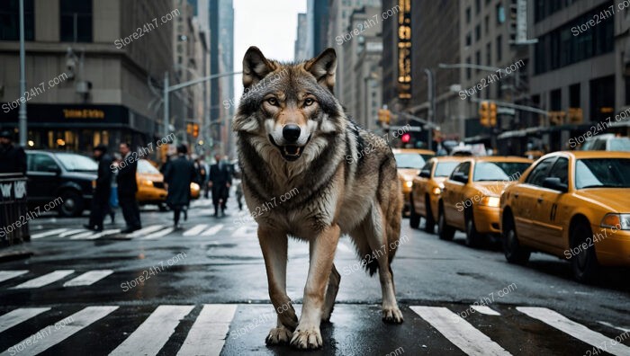 Majestic Wolf Commands Wall Street's Urban Jungle Chaos