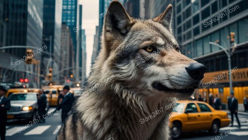 Majestic Wolf Gazes Over Wall Street's Urban Landscape