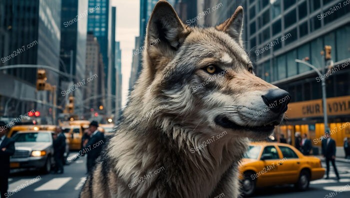 Majestic Wolf Gazes Over Wall Street's Urban Landscape