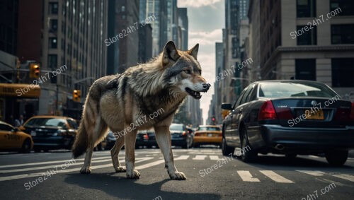 Majestic Wolf Navigates Wall Street's Urban Traffic Chaos