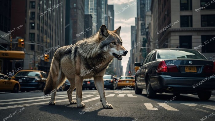 Majestic Wolf Navigates Wall Street's Urban Traffic Chaos