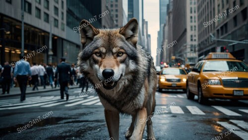 Majestic Wolf Prowls Through Wall Street's Bustling Urban Jungle