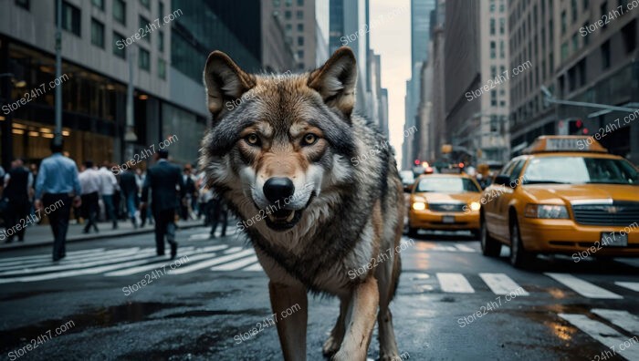 Majestic Wolf Prowls Through Wall Street's Bustling Urban Jungle