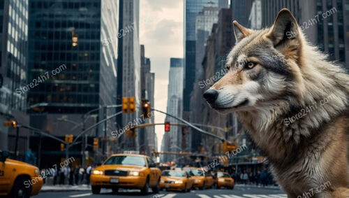 Majestic Wolf Stands Tall Amid Wall Street's Urban Jungle