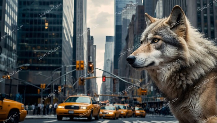 Majestic Wolf Stands Tall Amid Wall Street's Urban Jungle