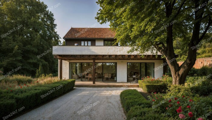 Modern Country House with Balcony and Garden View