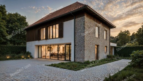 Modern Stone and Wood-Accented House with Spacious Yard