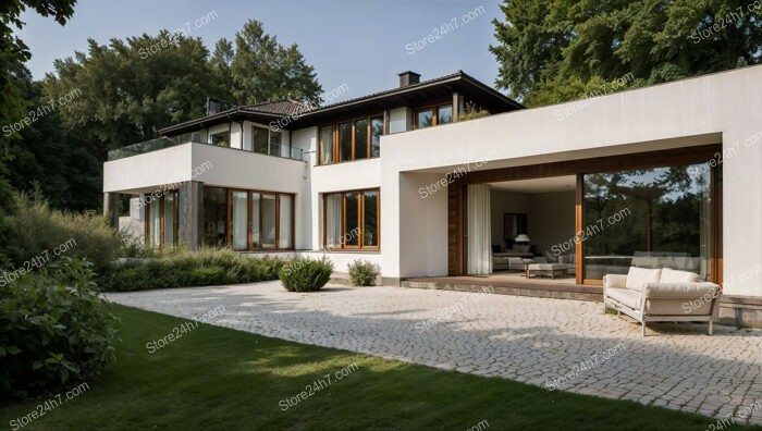 Modern White House with Large Windows and Spacious Yard