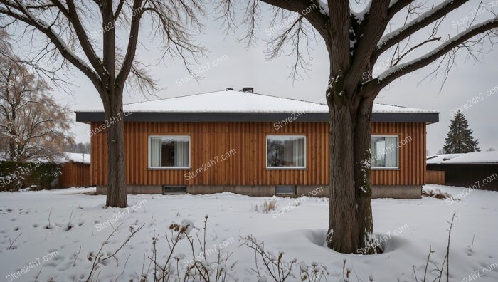 Modern Winter Cottage with Wooden Facade in Snowy Setting