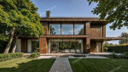 Modern Wood-Clad Home with Large Windows and Garden