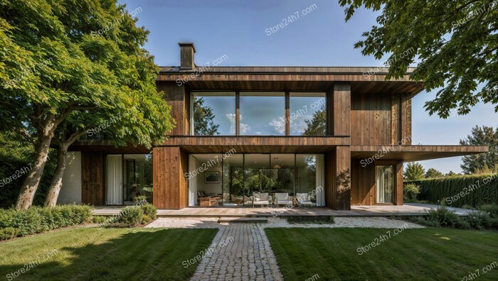 Modern Wood-Clad Home with Large Windows and Garden