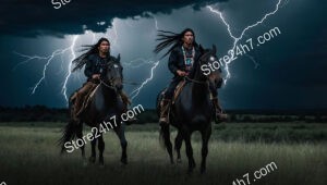 Mystic Thunderstorm Ride: Native Warriors and Majestic Black Horses