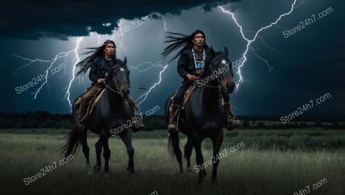 Mystic Thunderstorm Ride: Native Warriors and Majestic Black Horses