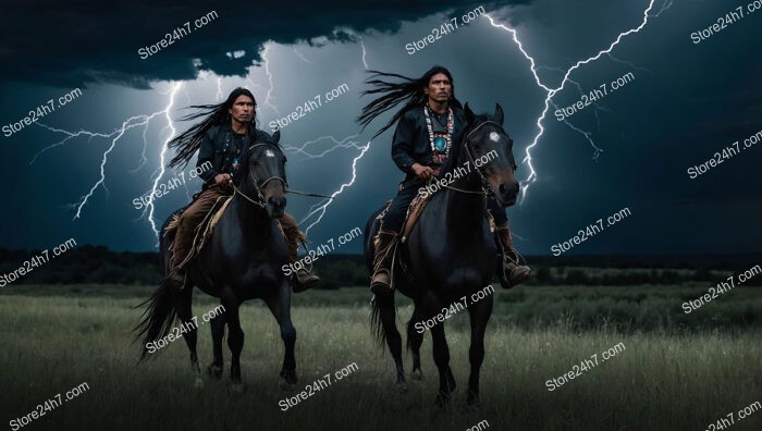 Mystic Thunderstorm Ride: Native Warriors and Majestic Black Horses