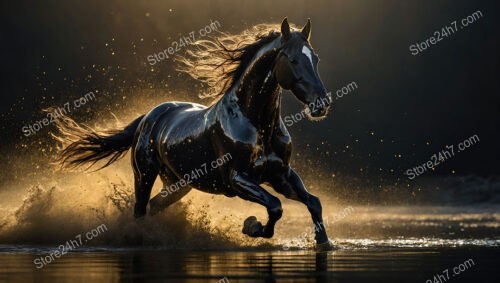 Mystical Black Horse Runs Through Golden Mist, Shining with Power