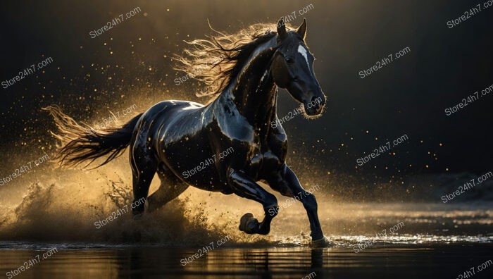 Mystical Black Horse Runs Through Golden Mist, Shining with Power