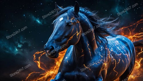 Mystical Horse Races Through Starry Cosmos with Fiery Energy
