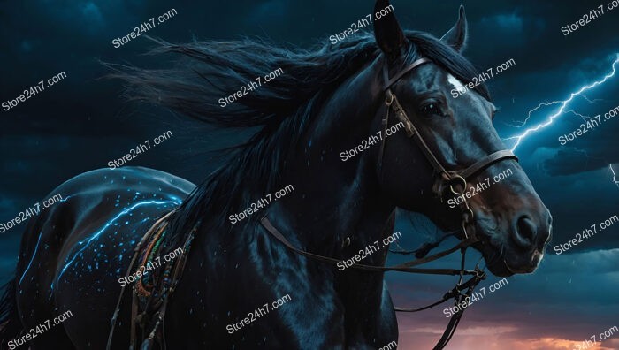 Mystical Storm Horse Illuminated by Lightning in the Night Sky