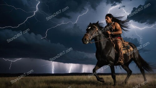 Native Warrior Gallops Through Stormy Plains Under Striking Lightning