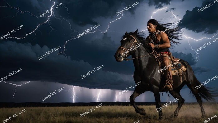 Native Warrior Gallops Through Stormy Plains Under Striking Lightning