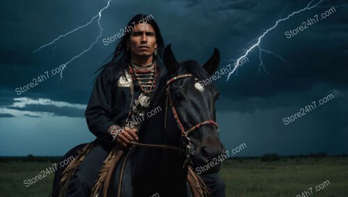 Native Warrior Riding Through Lightning-Streaked Stormy Night