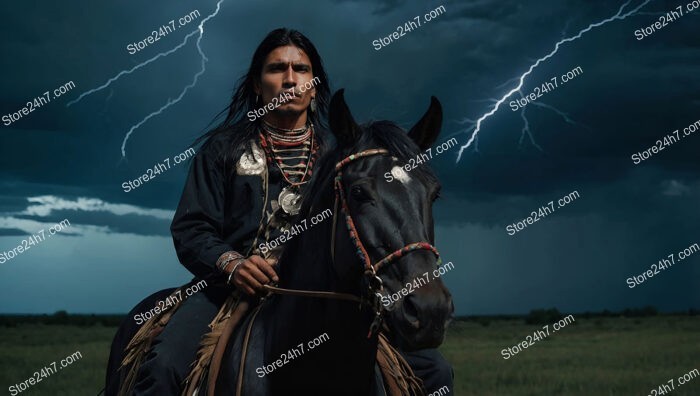 Native Warrior Riding Through Lightning-Streaked Stormy Night