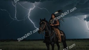 Native Warrior's Courageous Ride Through Lightning-Filled Stormy Night