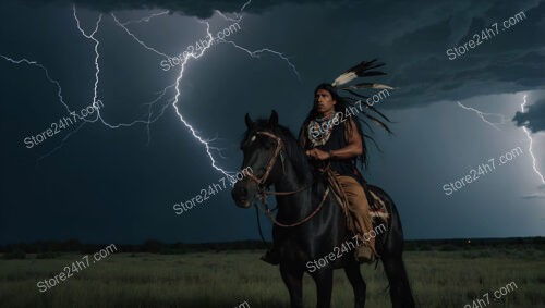 Native Warrior's Courageous Ride Through Lightning-Filled Stormy Night