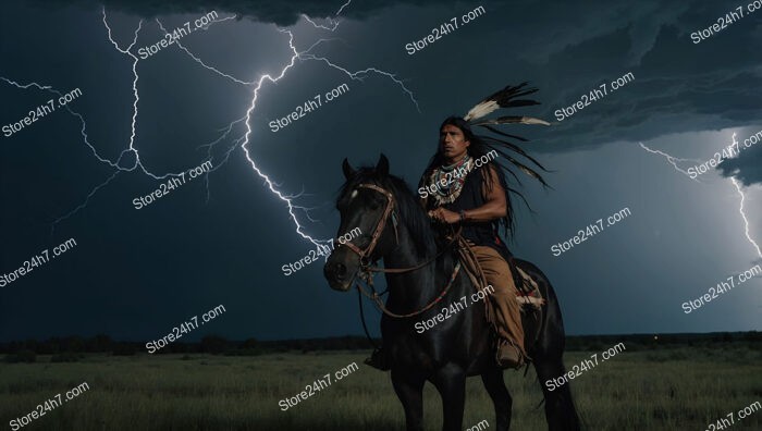 Native Warrior's Courageous Ride Through Lightning-Filled Stormy Night