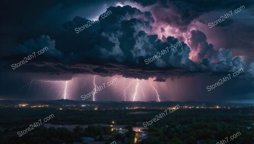 Nighttime Storm: Lightning Illuminates Distant City Below