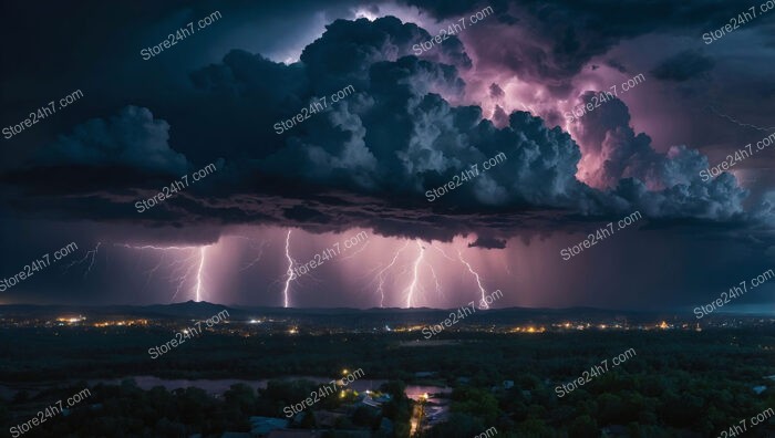 Nighttime Storm: Lightning Illuminates Distant City Below