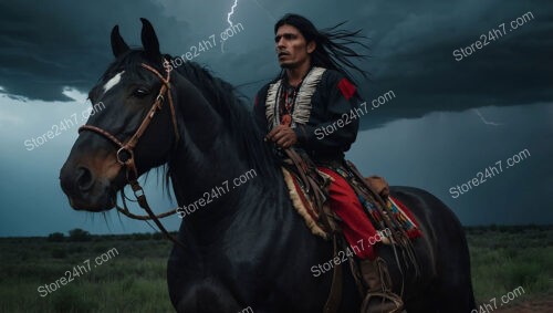 Noble Warrior Rides Through Lightning-Streaked Sky on Strong Steed