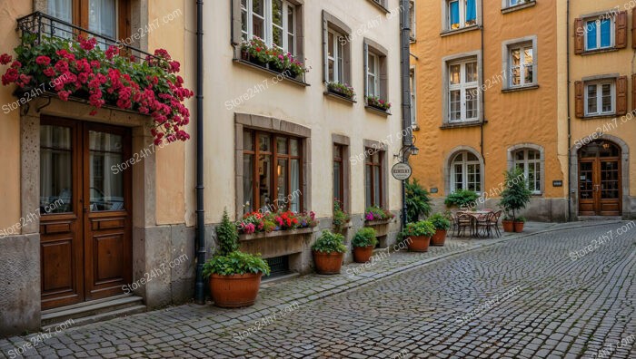 Picturesque Bavarian Alley with Lush Greenery and Flowers