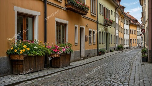 Picturesque Bavarian Street Lined with Flower-Filled Planters