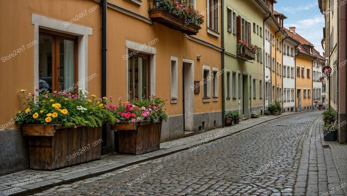 Picturesque Bavarian Street Lined with Flower-Filled Planters