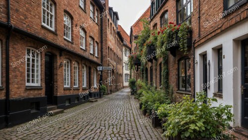 Picturesque Gothic Alley with Red Brick Houses and Plants