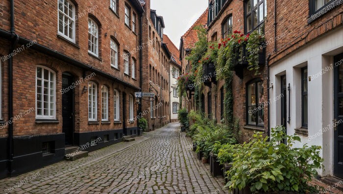 Picturesque Gothic Alley with Red Brick Houses and Plants