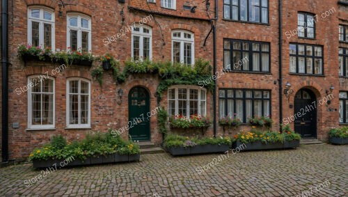 Picturesque Gothic Street with Red Brick Houses and Flowers