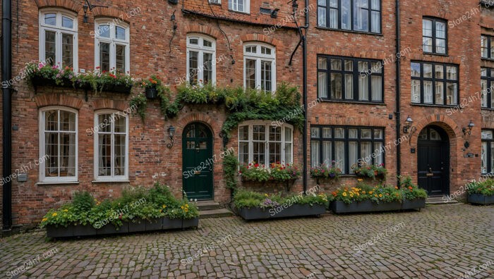 Picturesque Gothic Street with Red Brick Houses and Flowers