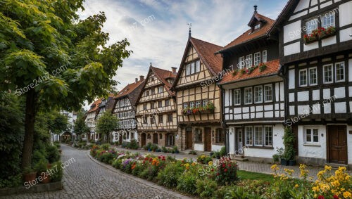 Picturesque Row of Half-Timbered Houses with Flowering Gardens