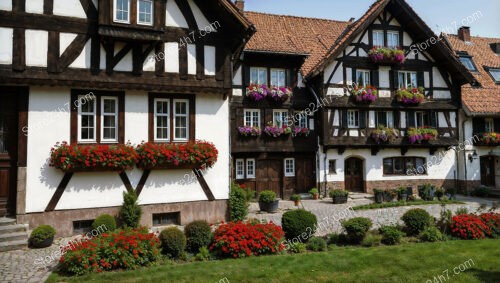 Picturesque Timber-Framed House with Flower-Filled Facade