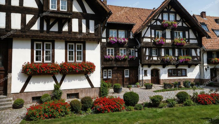 Picturesque Timber-Framed House with Flower-Filled Facade