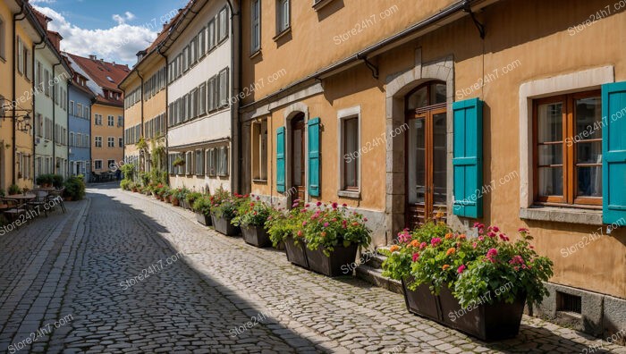 Quaint Bavarian Street with Brightly Painted Shutters and Flowers