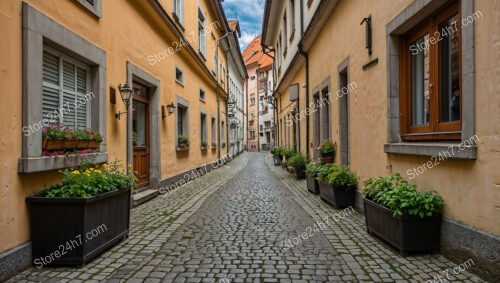 Quaint Bavarian Street with Flower Boxes and Lanterns