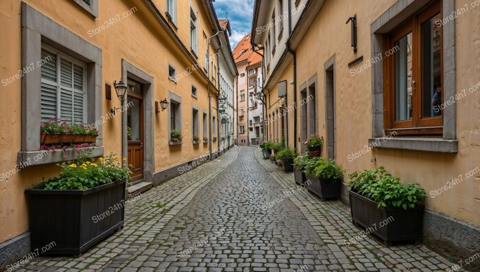 Quaint Bavarian Street with Flower Boxes and Lanterns