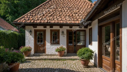 Quaint Cottage Courtyard with Red Tile Roof