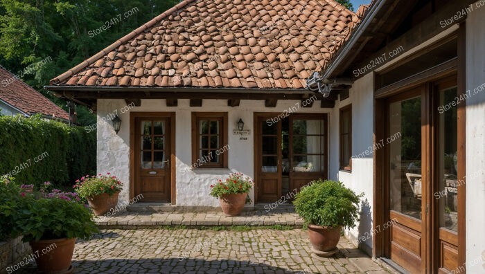 Quaint Cottage Courtyard with Red Tile Roof