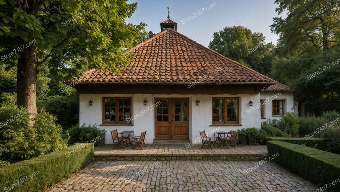 Quaint Cottage with Red Tile Roof and Patio