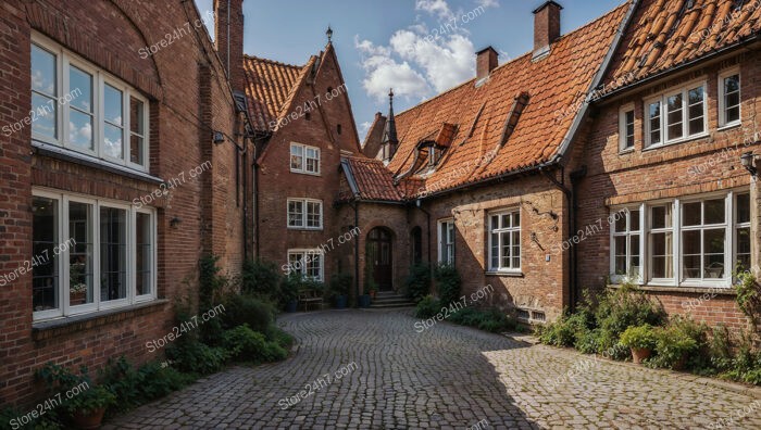 Quaint Gothic House with Courtyard and Red Tile Roofs