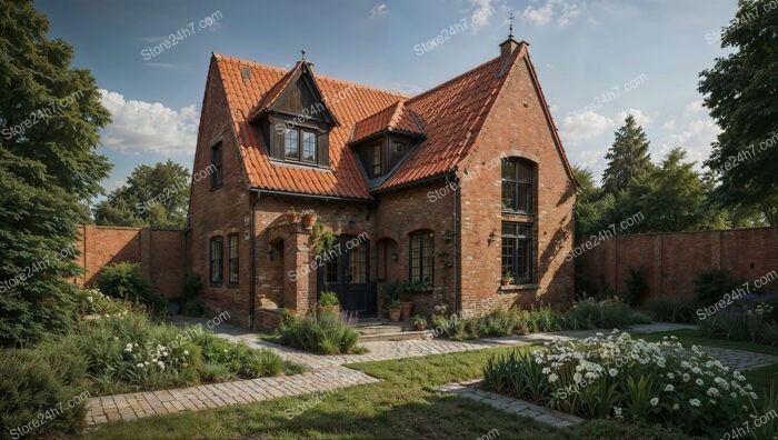 Quaint Gothic House with Red Brick Walls and Garden